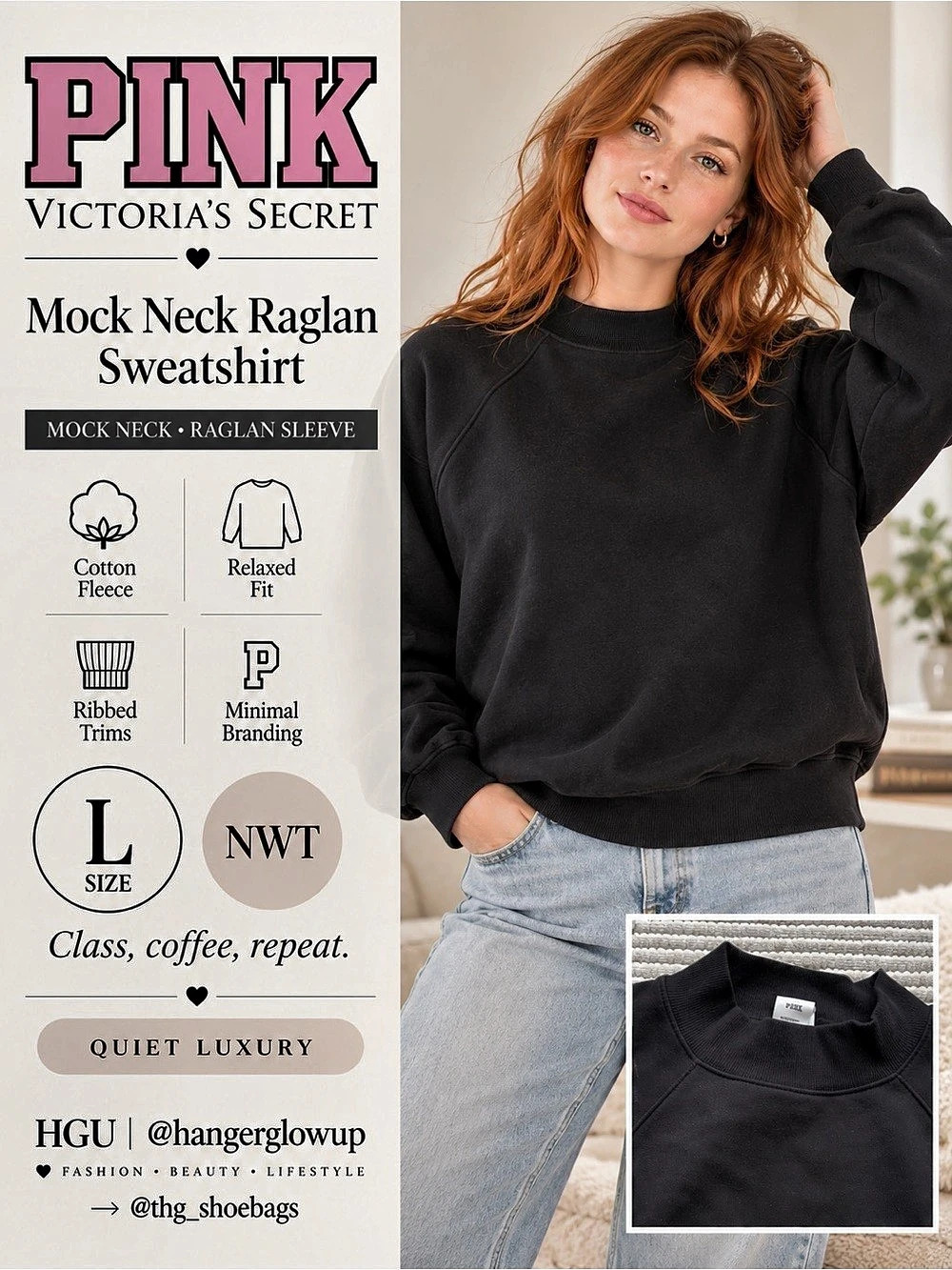 PINK Victoria’s Secret Black Mock Neck Raglan Sweatshirt L NWT